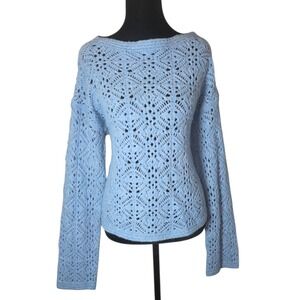Crochet Knit Sweater Women Boho Bell Sleeve Blue Open Knit M